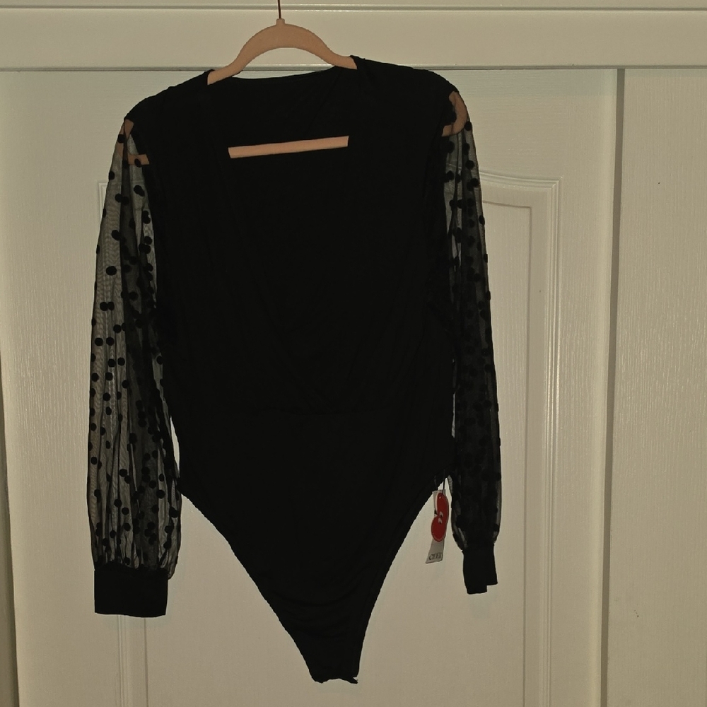 Cider Black Sheer Polka Dot Sleeve Draped Bodysuit